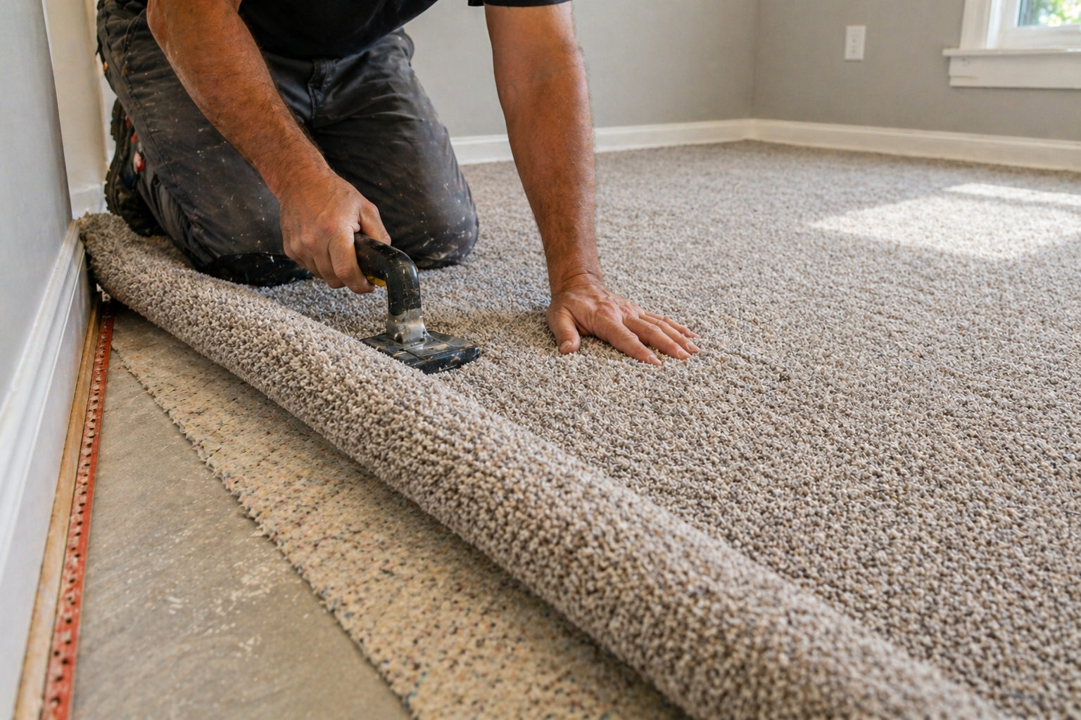 Carpet installation in residential home by flooring contractor